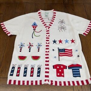 NWOT Quaker Factory Fourth Of July Knit Cardigan Womens Sz L USA Flags Patriotic